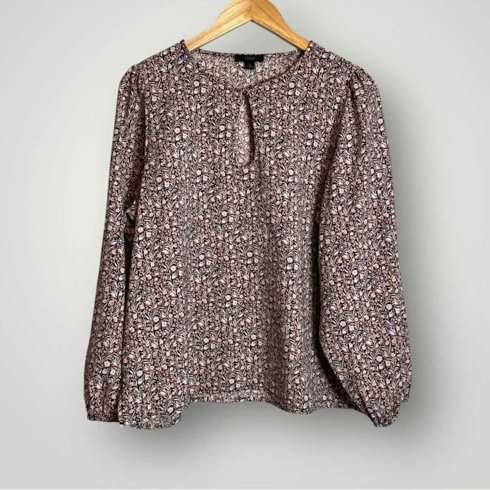 J Crew Puff Sleeve Satin Back Crepe Top Large In Floral Flourish Keyhole Neck
